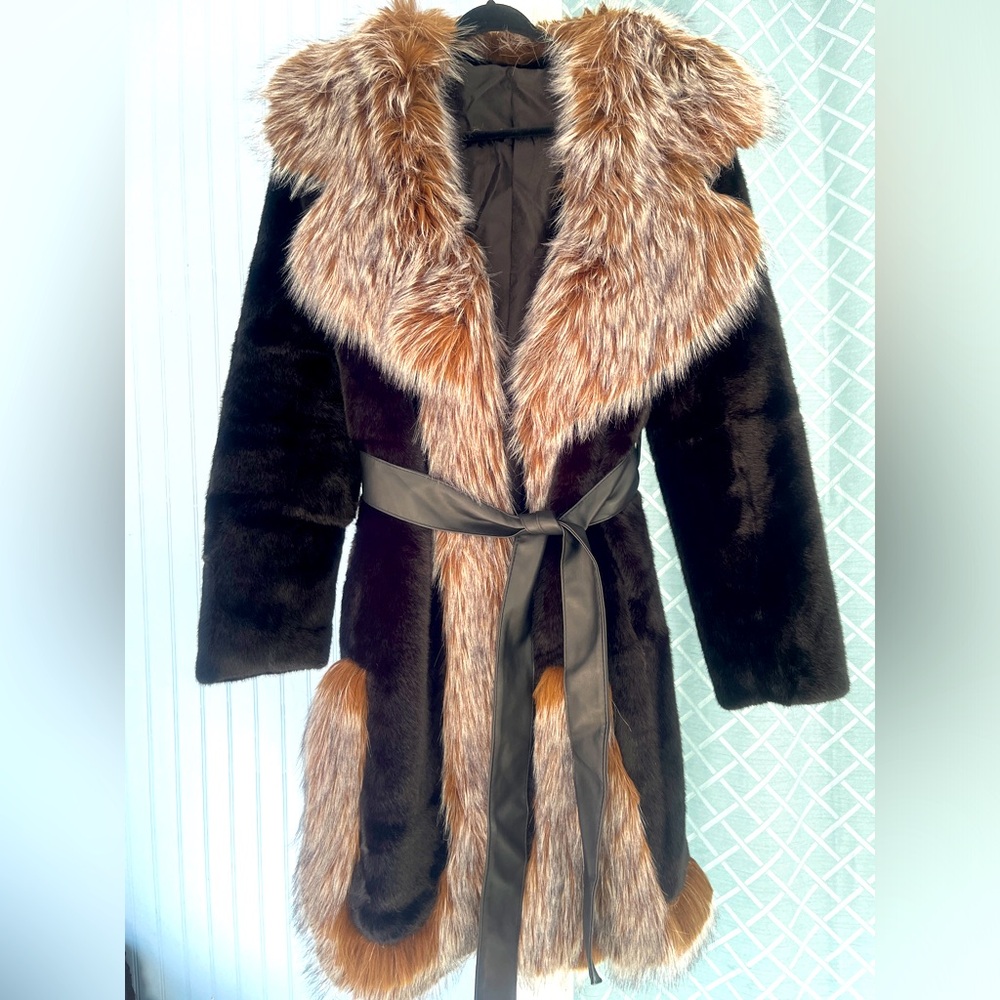 Belted Winter faux fur coat with fox fur collar and hem